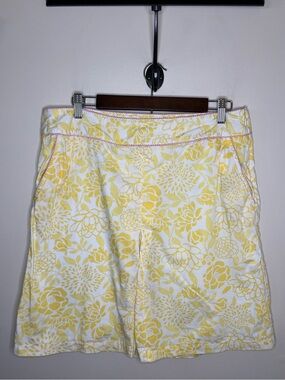 L.L. Bean Women's Skirt Size 14 Yellow Floral Pink Trim 100% Cotton Cottagecore
